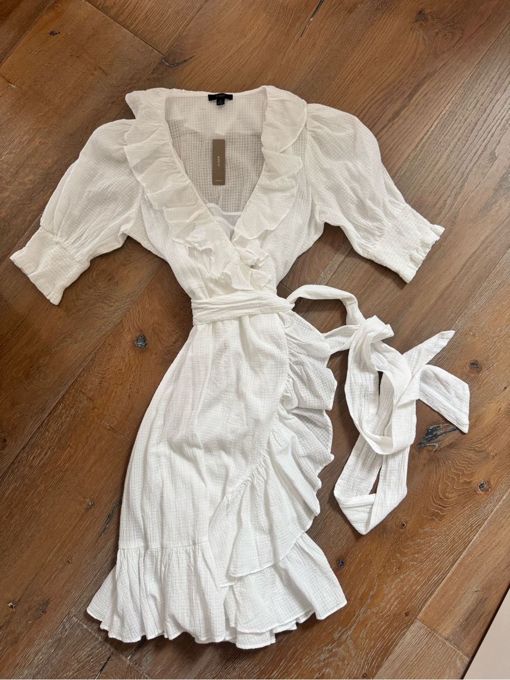 NWT- J. Crew White Ruffle Wrap Dress with Tie Waist
